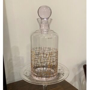 Glass Decanter Crystal Stopper Gold Grid Pattern Barware Liquor Spirits‎
